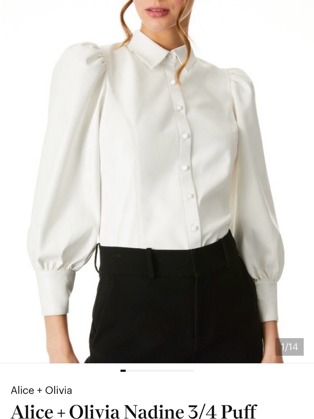Alice + Olivia White Puff-Sleeve Button-Down Blouse